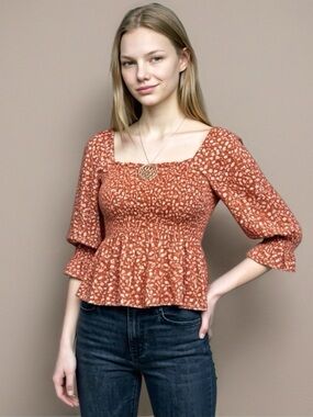 American Eagle Smocked Square Neck Peplum Blouse Size XS